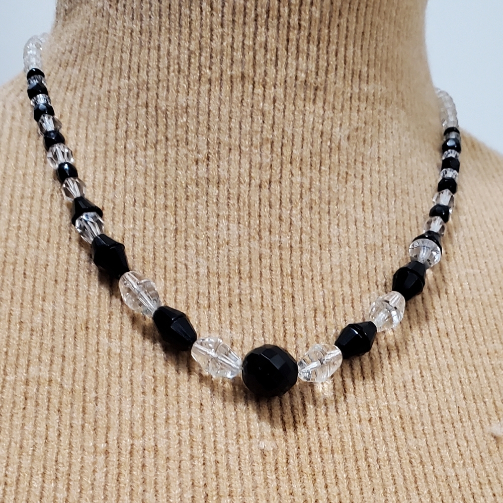Vtg. Crystals And Black Stones Necklace